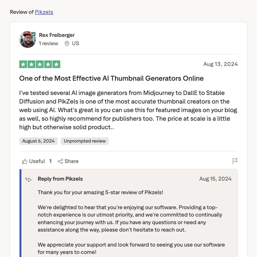 Pikzels review from Rex Freiberger about AI thumbnail generation quality