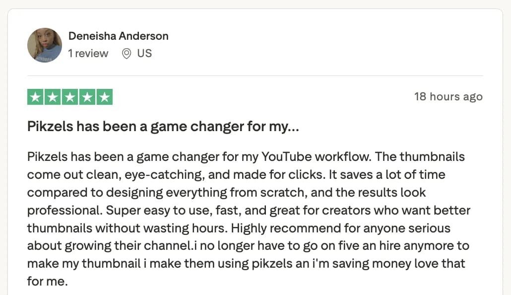 Pikzels review about saving time and avoiding hiring thumbnail designers
